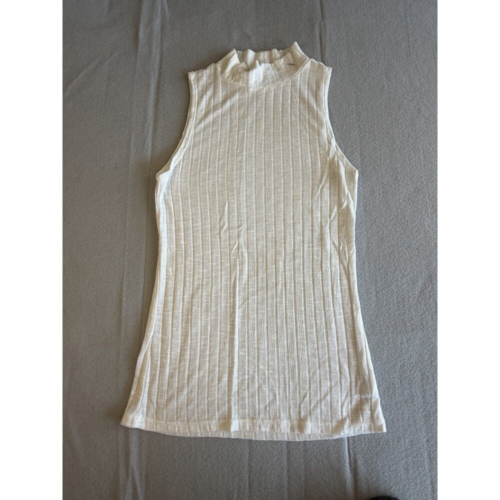 American Dream Rib-Knit Ribbed Mock Neck Sleeveless Pullover Sweater White S